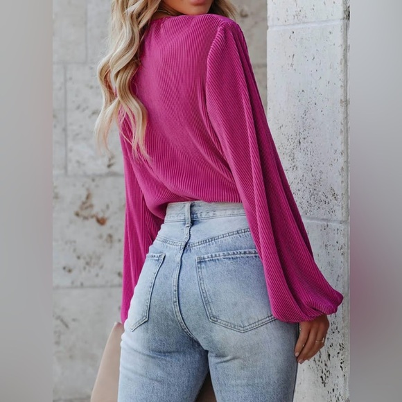 Cupshe Magenta Long Sleeve Peasant Blouse Women’s XS S V Neck Surplice Wrap Top - Picture 3 of 8
